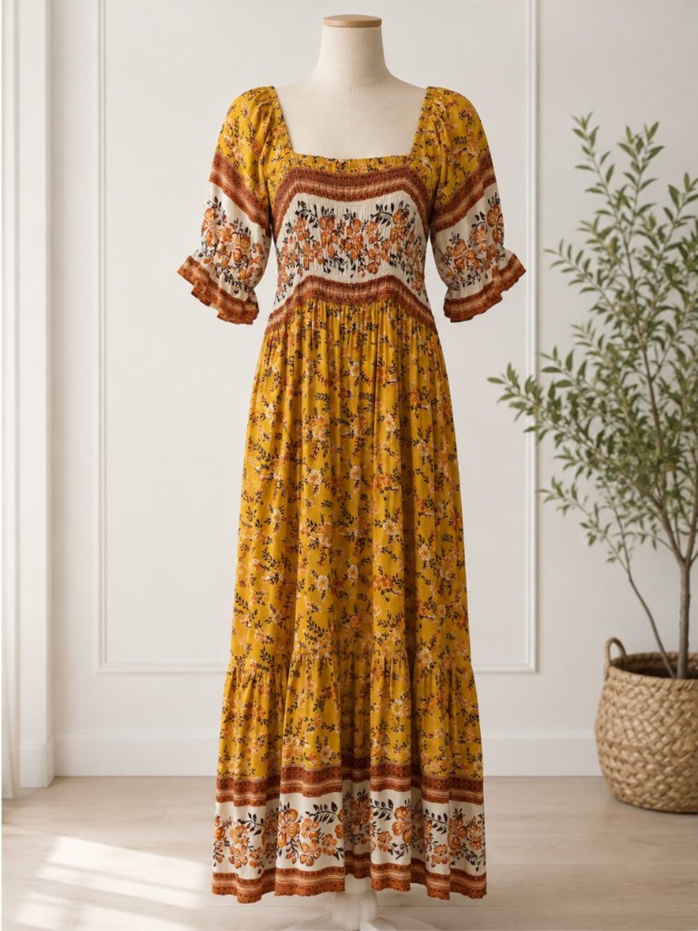 NAGGOO Womens Boho Floral Smocked Square Neck Maxi Dress Size L Mustard NWT